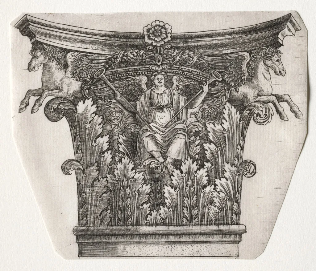 Base and Capital with Figure of Fame and Winged Horses (capital), by Master G. A. with the man-trap, 1538