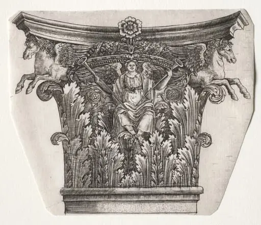 Base and Capital with Figure of Fame and Winged Horses (capital), by Master G. A. with the man-trap