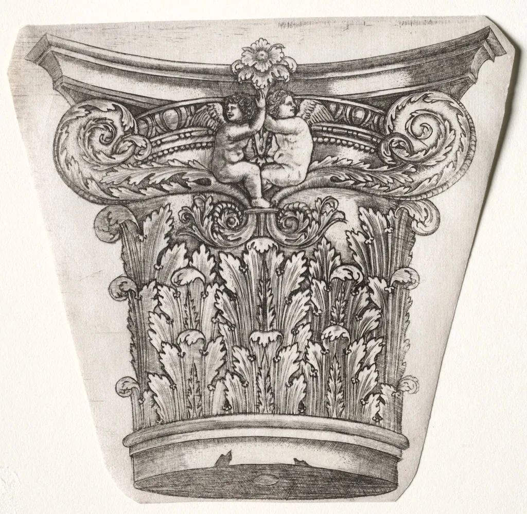 Base and Capital with Putti, by Master G. A. with the man-trap, 1538