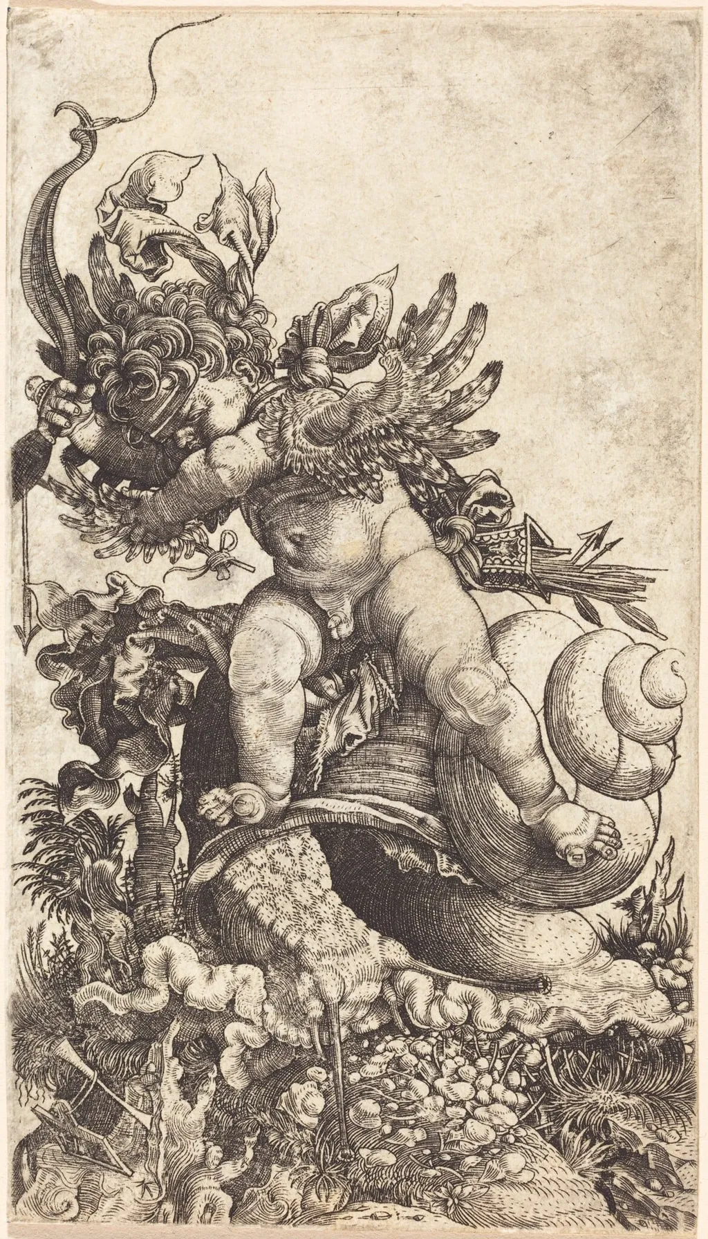 Cupid Riding a Snail over Fungus Vegetation, by Master H.L., ink, 1533