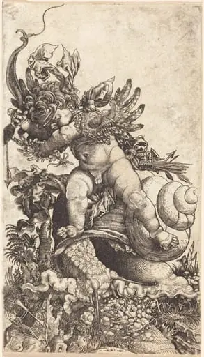Cupid Riding a Snail over Fungus Vegetation, by Master H.L.