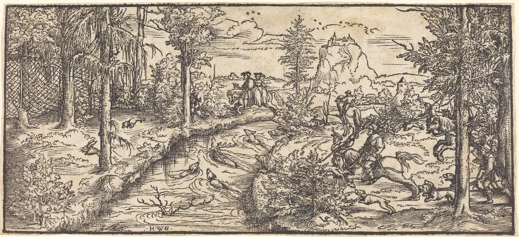 Stag Hunt in a Landscape, by Master H.W.G., ink, 1550