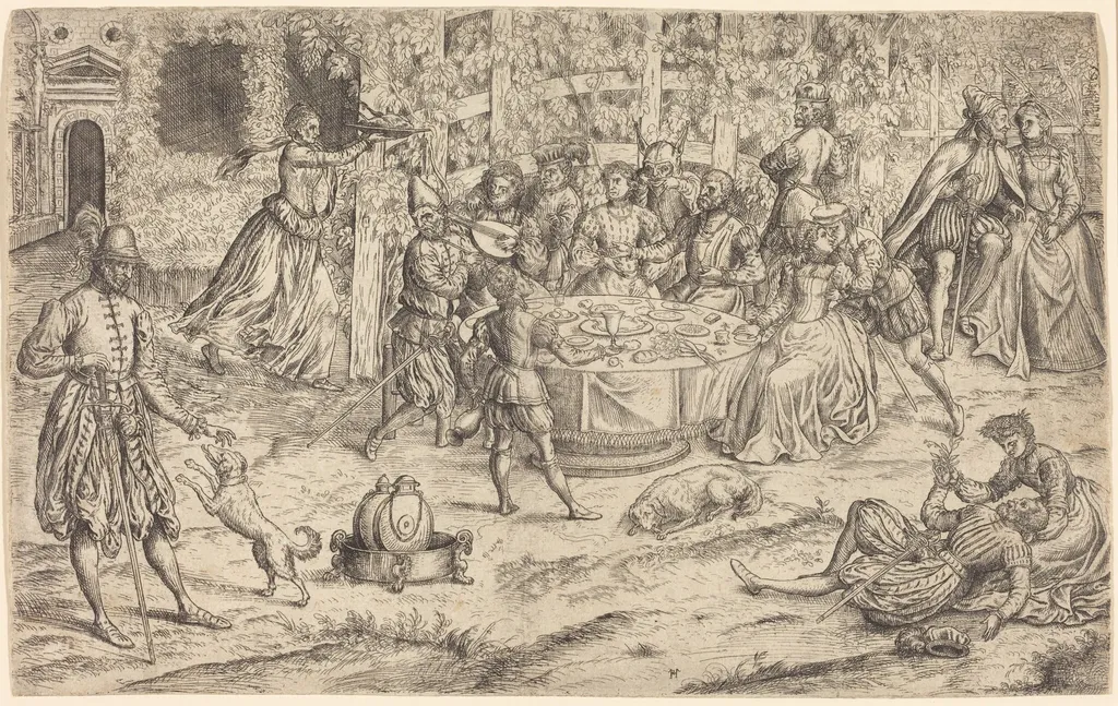 Banquet in the Park of a French Castle, by Master HS, ink, 1550