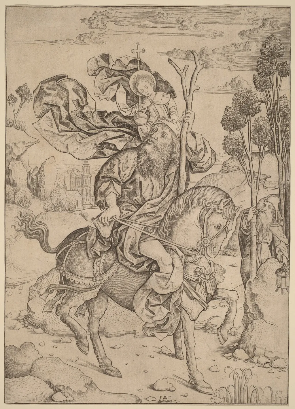 Saint Christopher on Horseback, by Master I.A.M. of Zwolle, ink, 1490