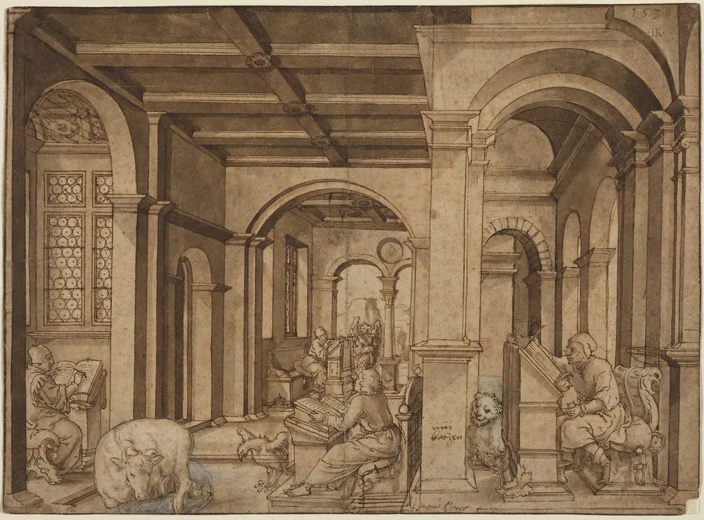 Four Evangelists in a Scriptorium, by Master I.K., ink, 1539