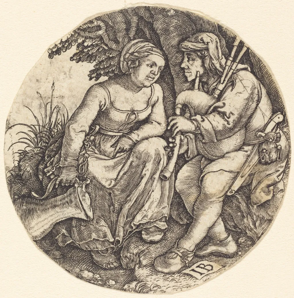 Bagpipe Player with His Lover, by Master IB, ink, 1516