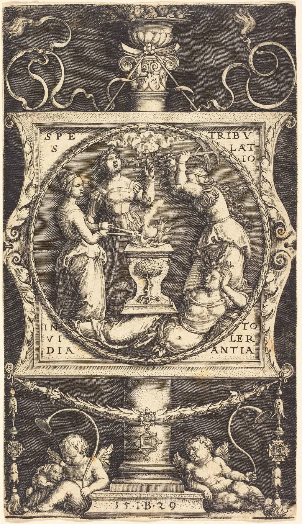 Emblem with Hope, Tribulation, Envy, and Tolerance, by Master IB, ink, 1529