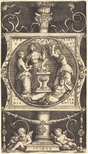 Emblem with Hope, Tribulation, Envy, and Tolerance, by Master IB