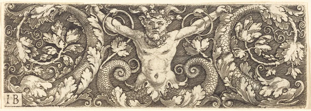 Ornament with Fantastic Satyr and Dolphins, by Master IB, ink, 1516