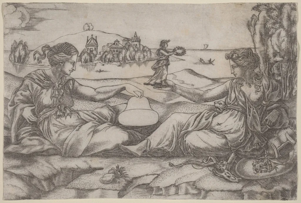 Two Allegorical Figures (Roma and Liberty?), by Master IRs, ink, 1515