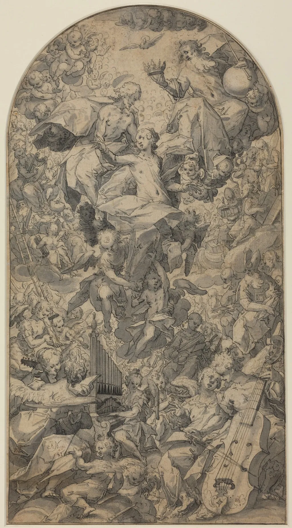 The Coronation of the Virgin with Angel Musicians and All Saints, by Master J.N., ink, 1590