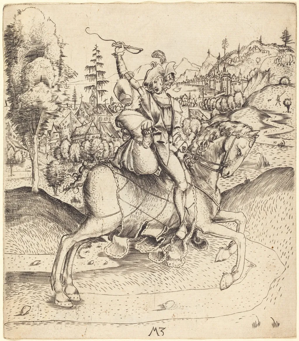 Knight and Lady on Horseback, by Master MZ, ink, 1500