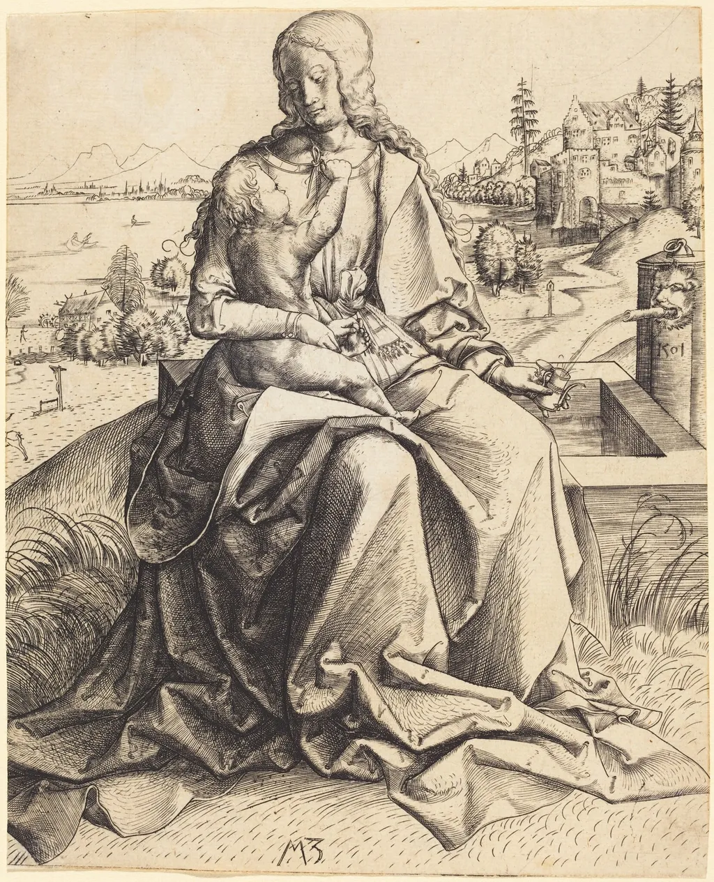 Madonna and Child at a Fountain, by Master MZ, ink, 1501