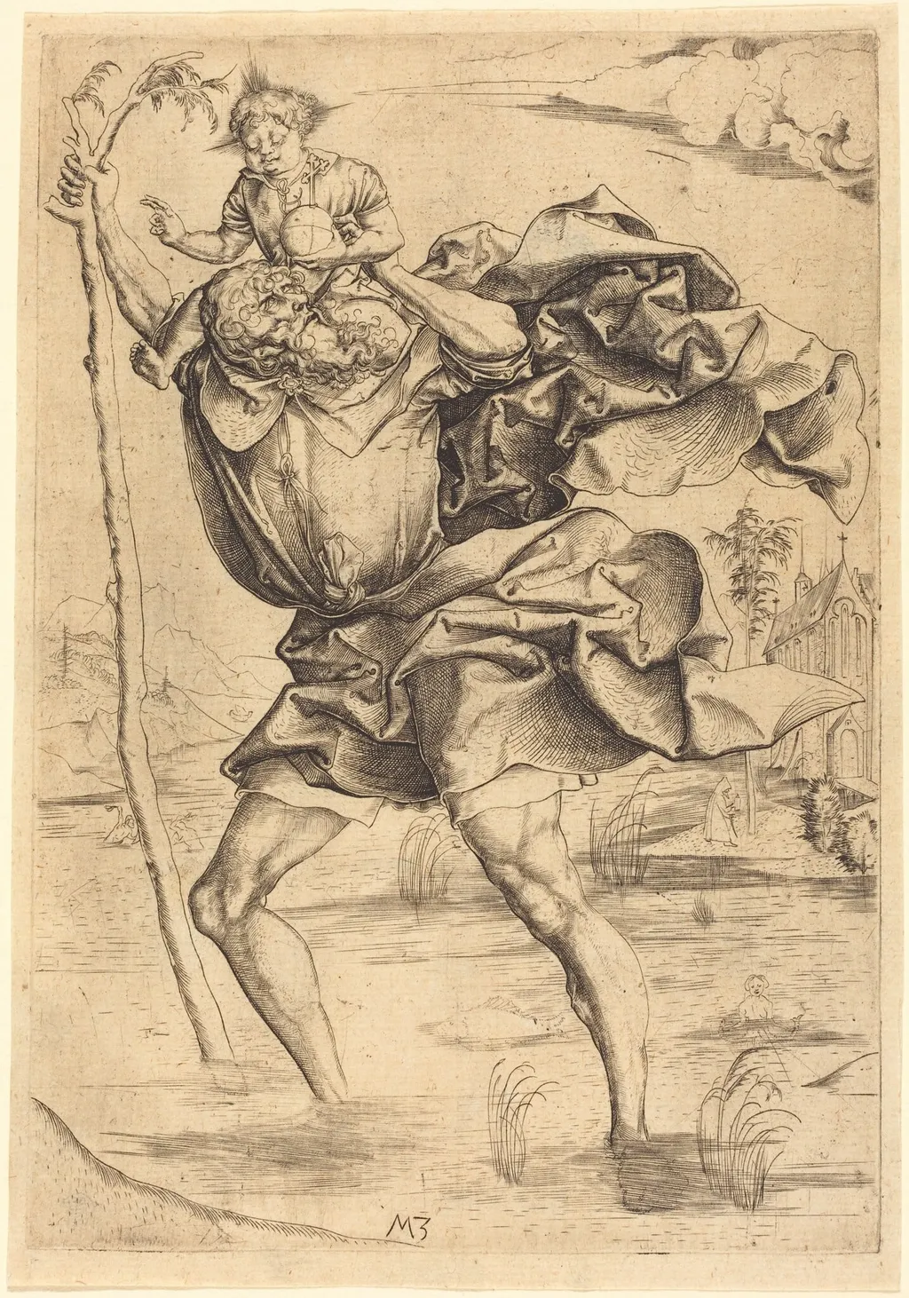 Saint Christopher, by Master MZ, ink, 1500