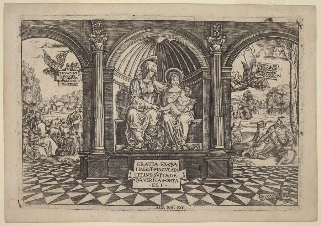 Virgin and Child Enthroned with Saint Anne, by Master NA.DAT with the Mousetrap, ink, 1512