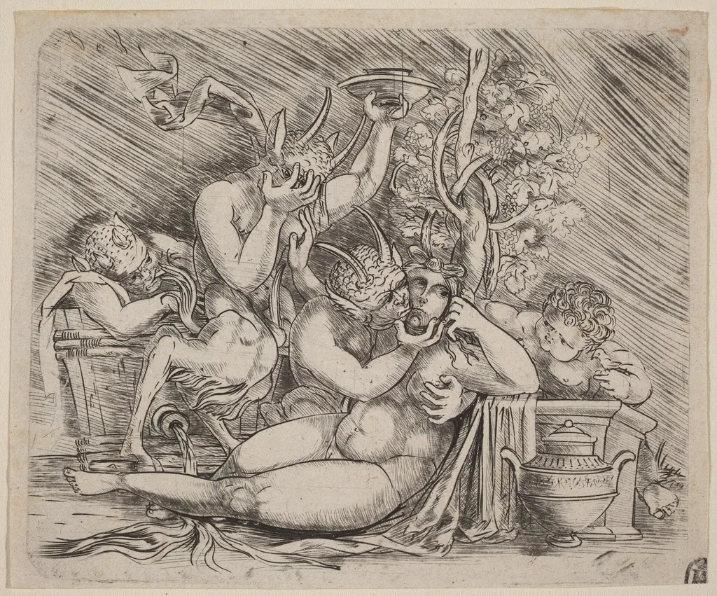 Bacchanalian Scene with Satyrs and a Maenad, by Master of 1515, ink, 1515
