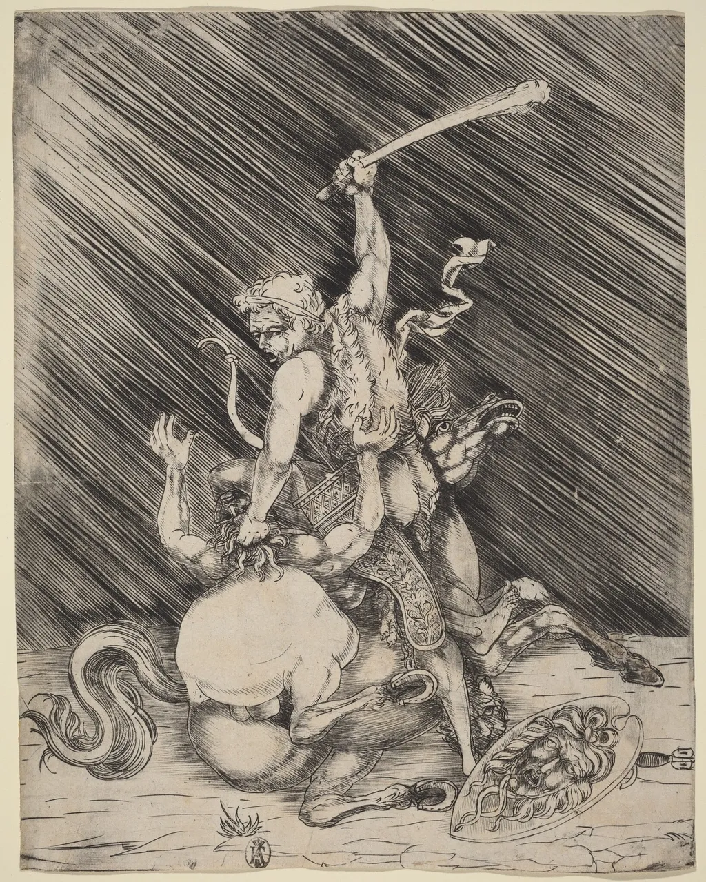 Hercules and Cacus, by Master of 1515, ink, 1518