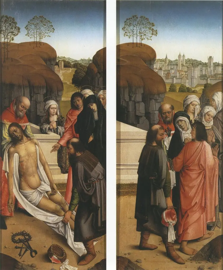 De graflegging (links), Maria, Johannes de Evangelist, Jozef van Arimatea, Nicodemus en de drie Maria's verlaten het graf (rechts), by Master of Affligem