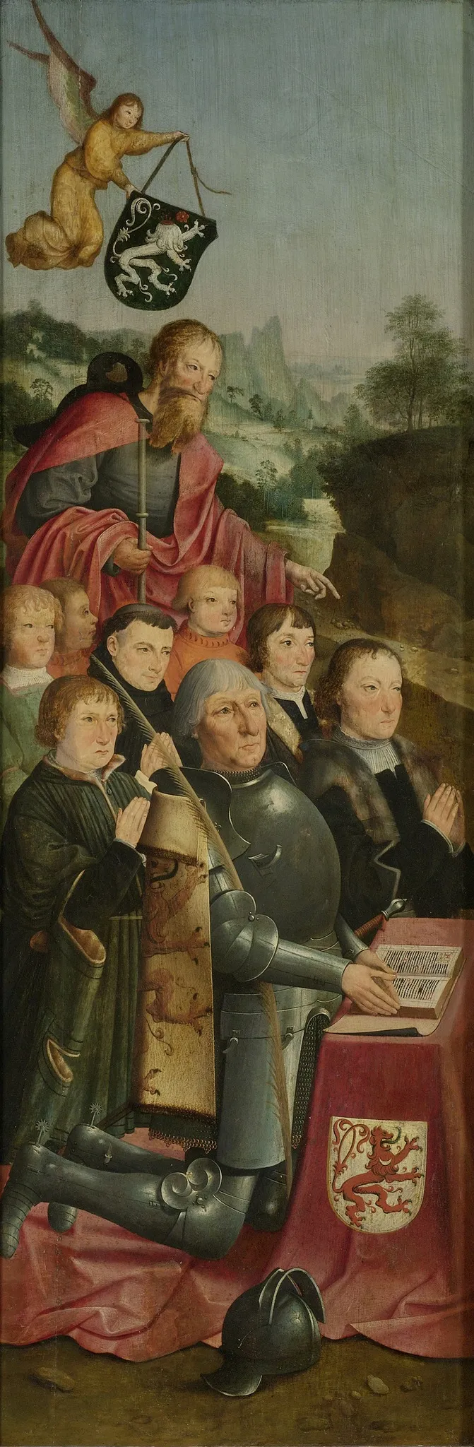 Memorial Panel with Eight Male Portraits, probably Willem Jelysz van Soutelande and Family, with Saint James the Greater and the Van Soutelande Family Crest, inner left wing of an altarpiece, by Master of Alkmaar, oil