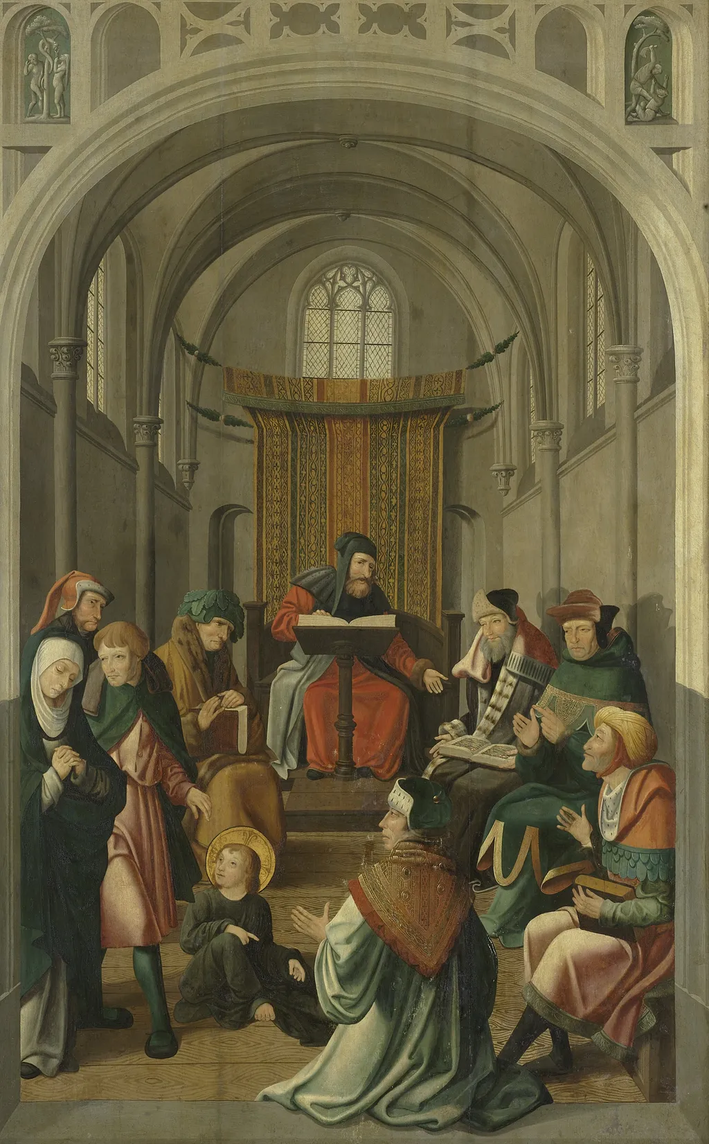 Panel of an altarpiece with Jesus disputing with the doctors in the Temple (inner wing) and Christ appearing to his mother (outer wing), by Master of Alkmaar, oil