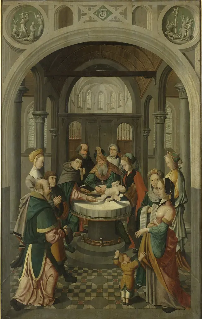 Panel of an altarpiece with the Circumcision (inner wing) and the Resurrection (outer wing), by Master of Alkmaar