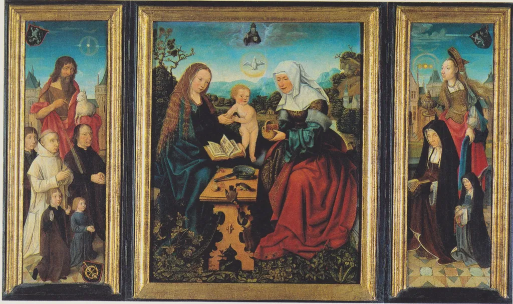 Portrait of Dirck van Heemskerck van Beest & sons with John the Baptist, Madonna and Child with St Anne, and Gertruid van Diemen & daughter with Mary Magdalene, by Master of Frankfurt, oil, 1514