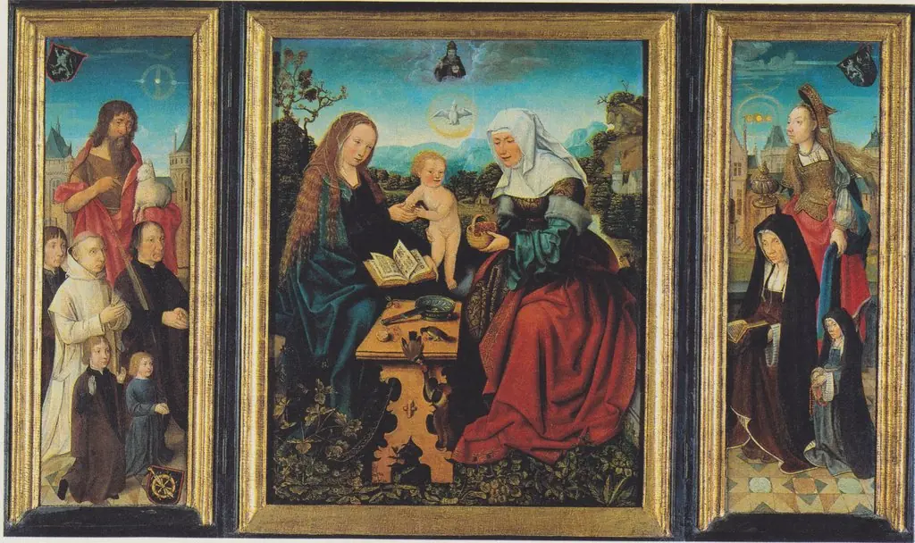 Portrait of Dirck van Heemskerck van Beest & sons with John the Baptist, Madonna and Child with St Anne, and Gertruid van Diemen & daughter with Mary Magdalene, by Master of Frankfurt