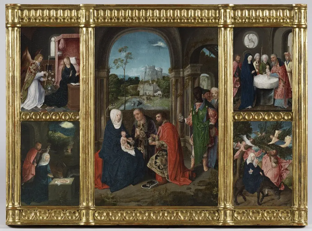 Altarpiece showing scenes from the Infancy of Christ: The Adoration of the Magi [center]; The Annunciation; The Presentation of Christ in the Temple; The Flight into Egypt; The Nativity [clockwise from upper left]