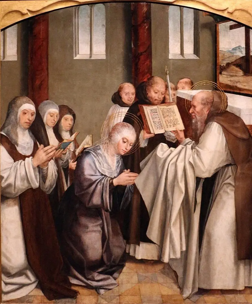 São Jerónimo entrega o hábito a Santa Eustóquia com Santa Paula, by Master of Lourinhã