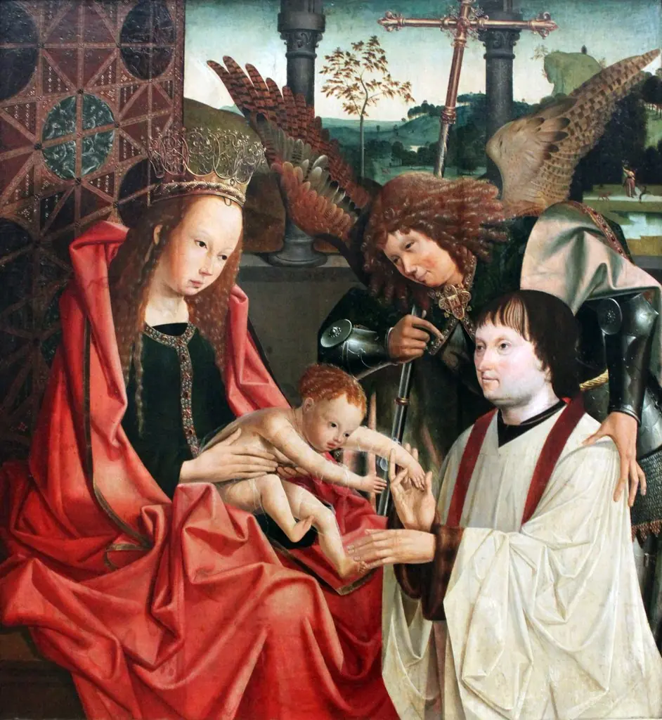 Maria with the child, the Archangel Michael and a donor, by Master of the Antwerp Triptych of the Virgin