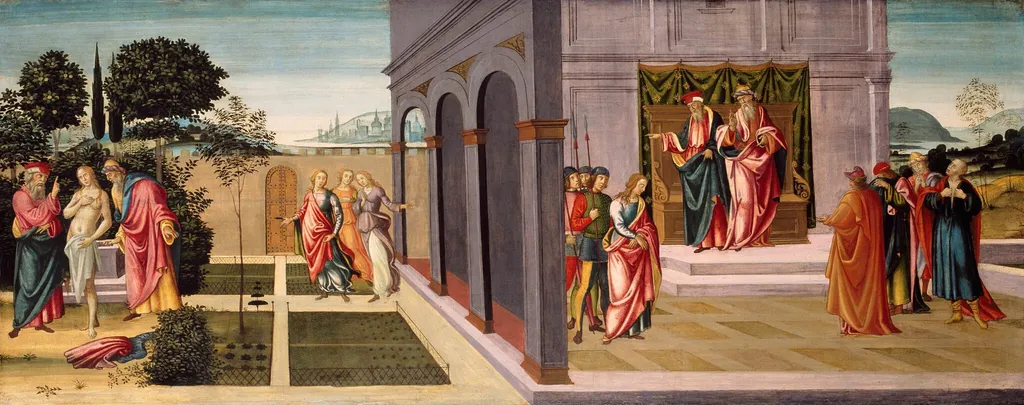 Susanna and the Elders in the Garden, and the Trial of Susanna before the Elders, by Master of the Apollo and Daphne Legend, tempera, 1500