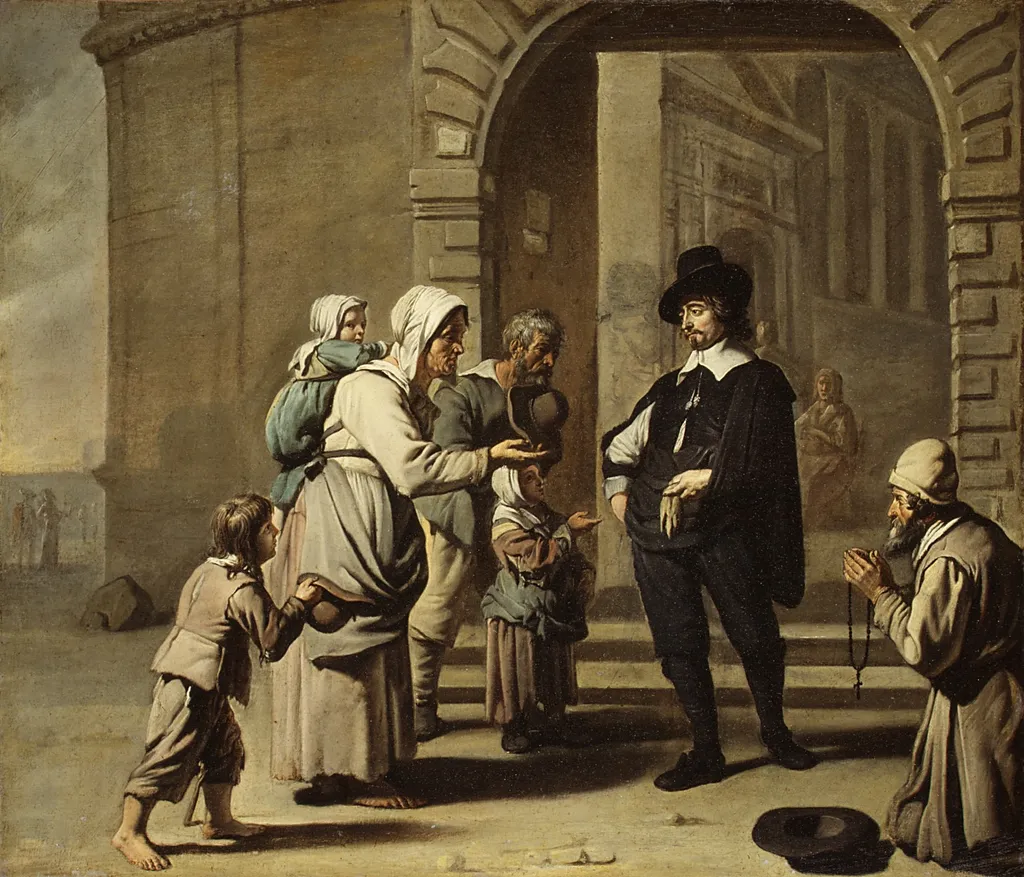 Beggars at a Doorway, by Master of the Béguins, oil, 1700