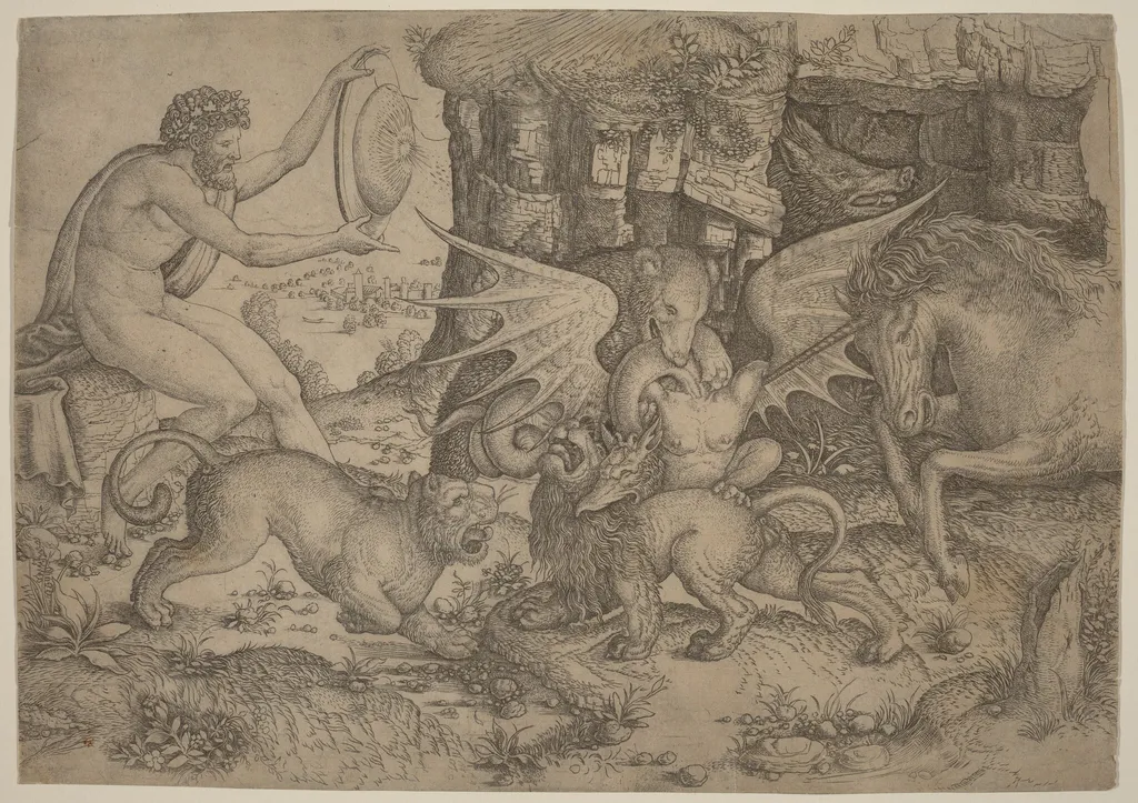 Allegorical Theme: Combat of Animals, by Master of the Beheading of St. John the Baptist, ink, 1518