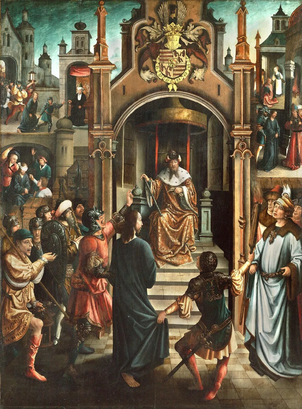 Christ before Pilate, with Christ Led to Annas, the Mocking of Christ, the Denial by Peter, and Christ before Caiaphas, by Master of the Beighem Altarpiece, oil, 1530