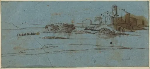 Buildings on a River Bank [verso], by Master of the Blue Landscapes