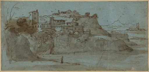 Village atop a River Cliff [recto], by Master of the Blue Landscapes