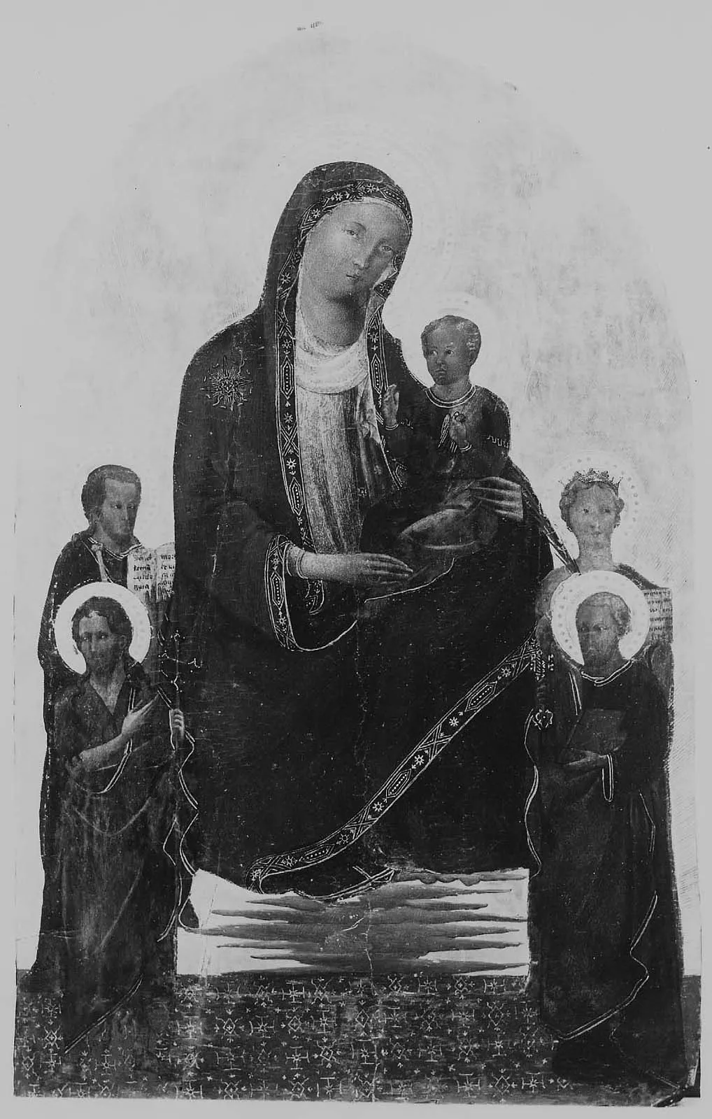 Virgin and Child with Saints John the Baptist, James, Peter, and a Virgin Martyr (Catherine?), by Master of the Bracciolini Chapel, unspecified, 1405