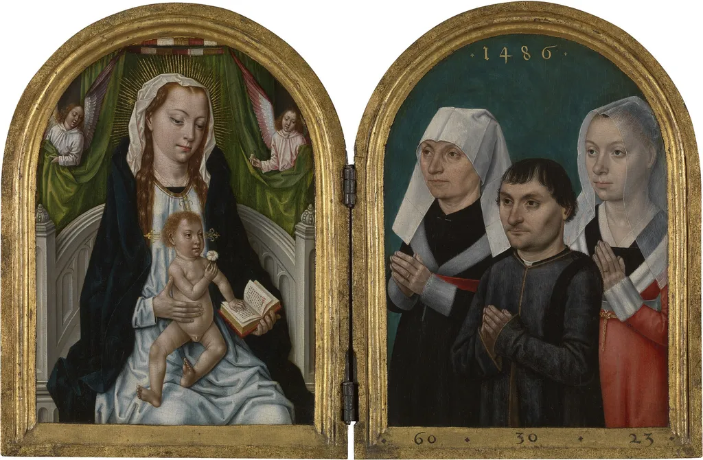 Diptych with the Virgin and Child and Three Donors, by Master of the Bruges Legend of St. Ursula, oil, 1494