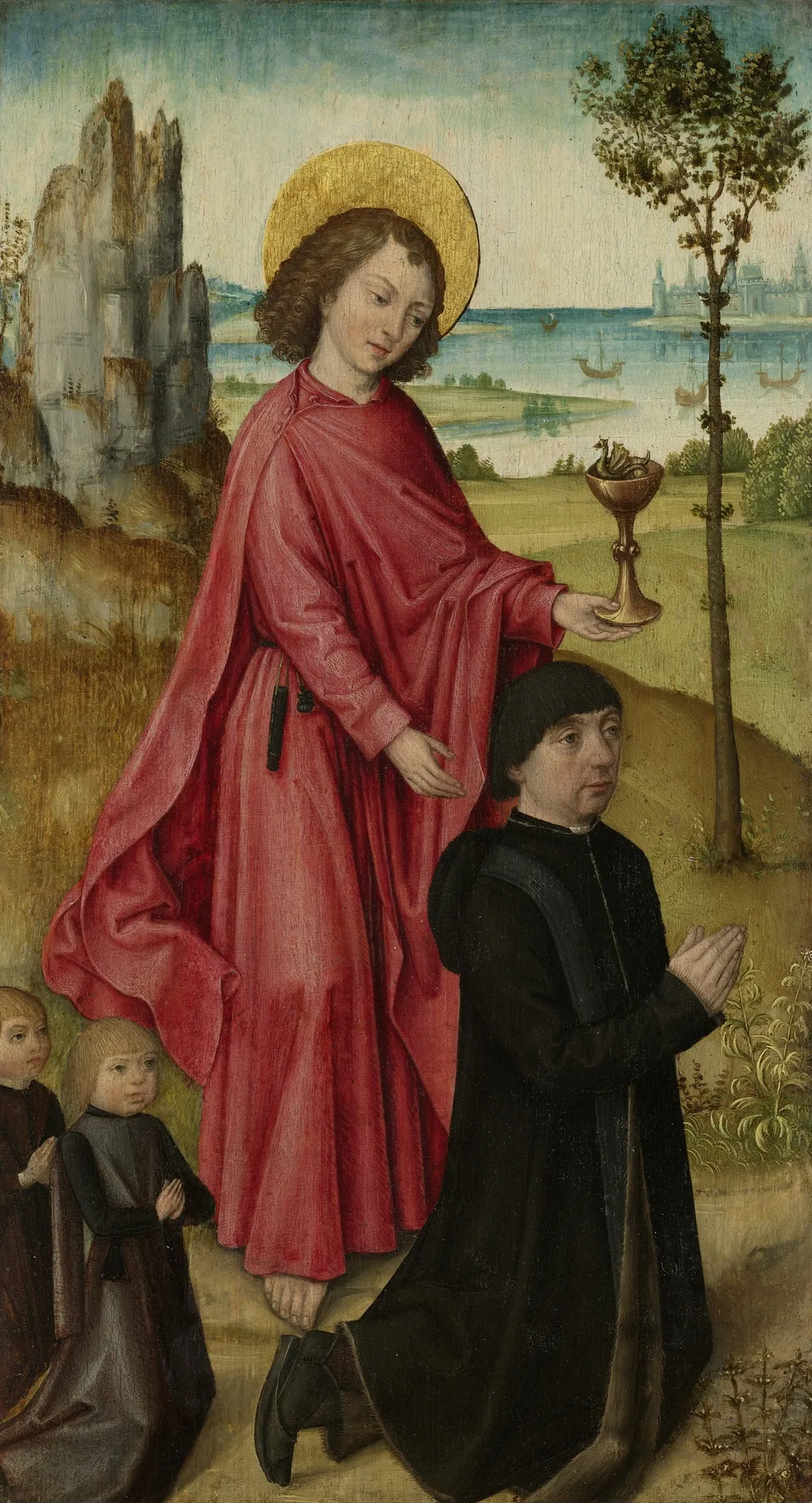 Inner left wing of a triptych with the donor, his two sons and St John the Evangelist, by Master of the Bruges Legend of St. Ursula, oil, 1490