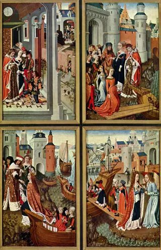 Interior of left wing, St. Ursula altarpiece, by Master of the Bruges Legend of St. Ursula