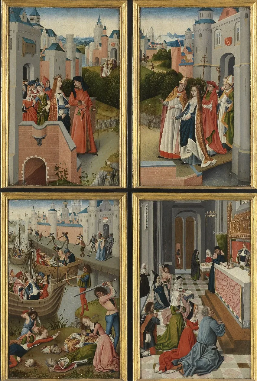 Interior of right wing, St. Ursula altarpiece, by Master of the Bruges Legend of St. Ursula, oil, 1492
