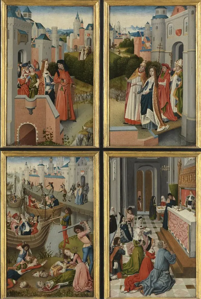 Interior of right wing, St. Ursula altarpiece, by Master of the Bruges Legend of St. Ursula