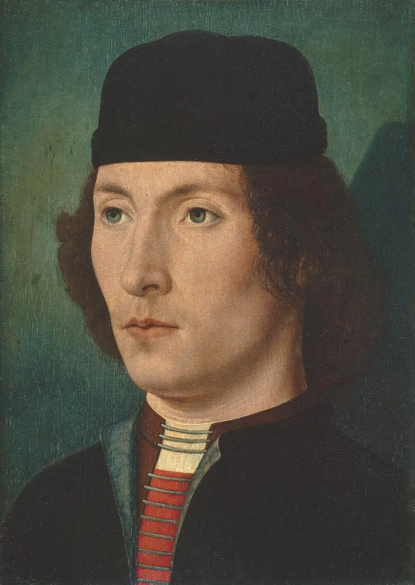 Portrait of a young man, by Master of the Bruges Legend of St. Ursula, oil, 1494