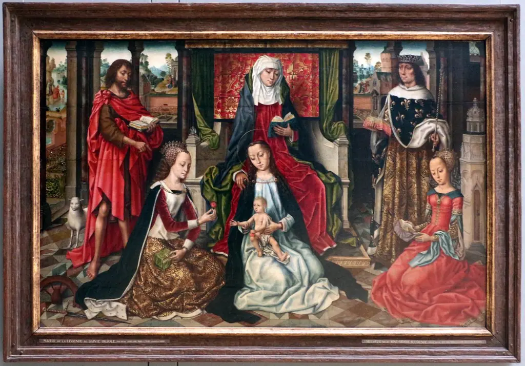 Saint Anne with the Virgin and Child and four saints (John the Baptist, Louis IX, Catherine and Barbara), by Master of the Bruges Legend of St. Ursula