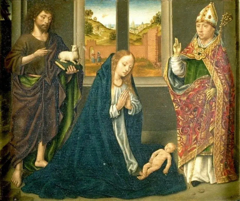 The adoration of the Christ-child and Saints John the Baptist and Donatius, by Master of the Bruges Legend of St. Ursula