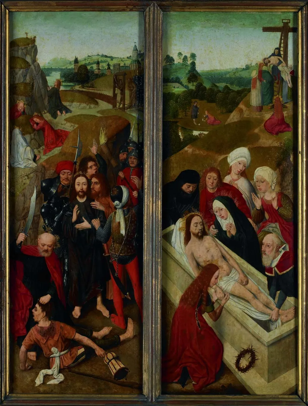 he taking of Christ and The entombment, by Master of the Brunswick Diptych, oil, 1494