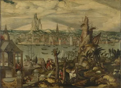 Imaginary view of Antwerp with scenes from the life of Saint Matthew, by Master of the Brussels Calling of Saint Matthew, oil, 1550