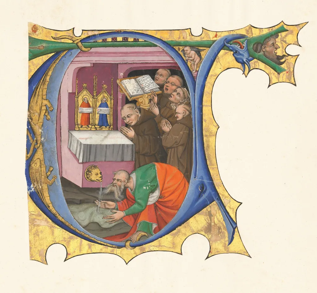 Initial T with a group of Benedictine monks singing before an altar from which issues water, by Master of the Cypresses, 1434