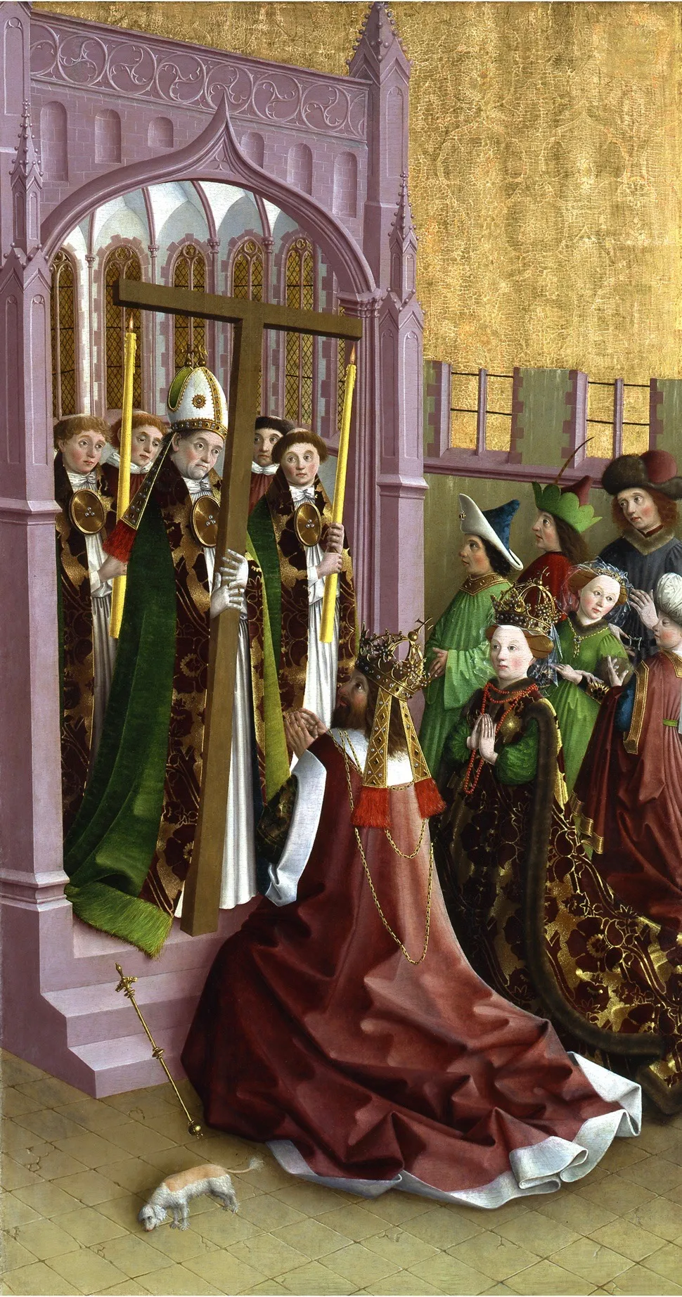 Darmstadt Altarpiece: Constantine and His Mother Helena Venerating the True Cross, by Master of the Darmstadt Passion, paint, 1460