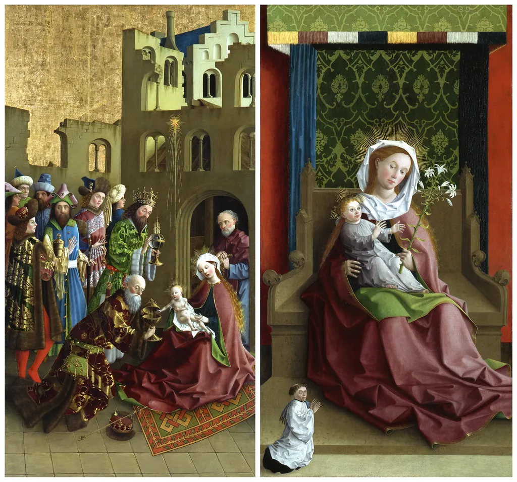 Left Wing of a cross altar, The Adoration of the Magi, Madonna and Child, by Master of the Darmstadt Passion, paint, 1460